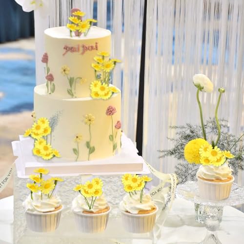 40PCS Small Daisy Branch Cupcake Toppers Artificial 3D Yellow Daisy Cake Toppers for Yellow Daisy Girls Birthday Baby Shower Flower Party Centerpiece Table Decorations Supplies - color: Yellow
