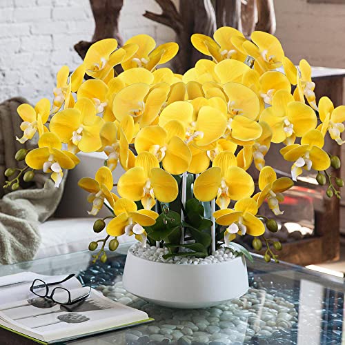 4 Pcs Artificial Orchid Flowers 9 Large Heads of Real Touch Vivid Phalaenopsis Orchid Flower Stem 31.5'' Tall, Artificial Flowers Branches for Home Decor, Office House Decor-Yellow Phalaenopsis - color: Yellow #13