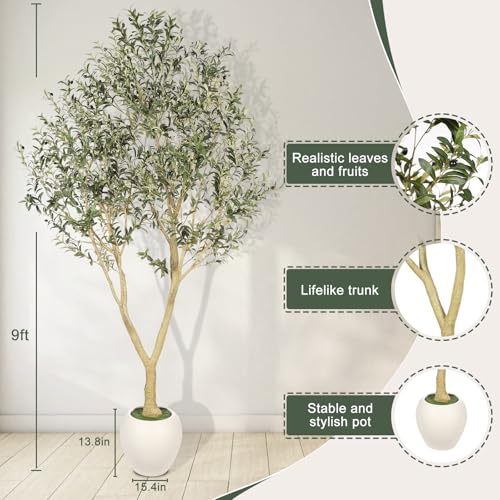 9ft Artificial Olive Tree with White Planter Included - Large Indoor Floor Plant with Natural Trunk and Fruit Accents for High-Ceiling Living Room and Hallway Corner - size: 9ft