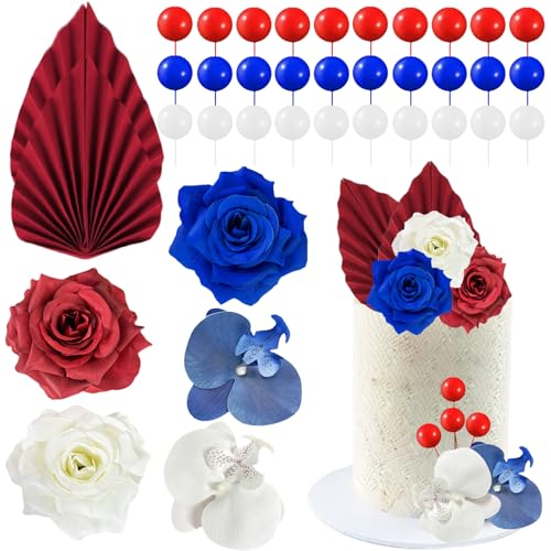 37Pcs Flower Cake Topper Palm Leaves Ball Boho Cake Decorations Artificial Rose Flower Cupcake Cake Insert Topper for Wedding Birthday Party Decoration Supplies (Blue Red) - color: Blue Red