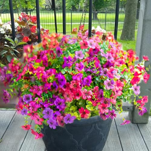 Yastouay 24 Bundles Artificial Flowers for Outdoors, UV Resistant Artificial Outdoor Flowers No Fade Fake Outdoor Flowers Plants for Garden Porch Window Box Pot Planters Decor (Fuchsia+Rose Red) - color: Fuchsia+rose Red, size: 24 Bundles