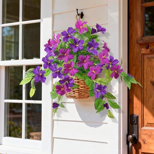 Homsunny Artificial Fake Flowers Plants Outdoor, 2PCS Realistic Faux Silk Flowers UV Resistant Fake Outdoor Flowers for Spring Outside Porch Garden and Home Patio Yard Decor (Light Purple Red) - color: B02 Double Orchid