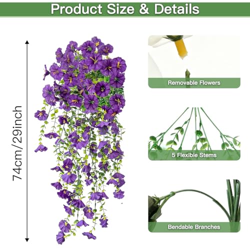 Artificial Flowers for Outdoors Fake Morning Glory Hanging Flower Decoration, 2 Pcs Realistic Faux Plants Petunias Trailing Vines, Spring Summer Decor for Porch Patio Balcony Planter Yard(Purple) - color: Purple, size: 2 Pcs