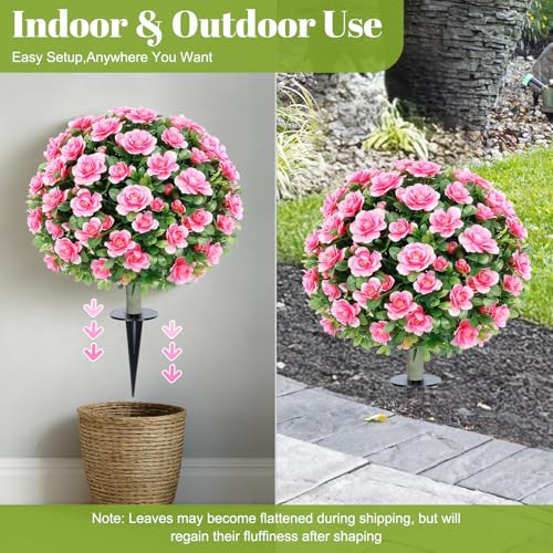 24''Artificial Flowers for Outdoors,2 Pack Topiary Ball Trees Fake Outdoor Plants with Ground Spike,UV Resistant Faux Shrubs for Garden,Porch,Front,Patio,Pink Crabapple Blossoms - color: Pink Crabapple Blossoms