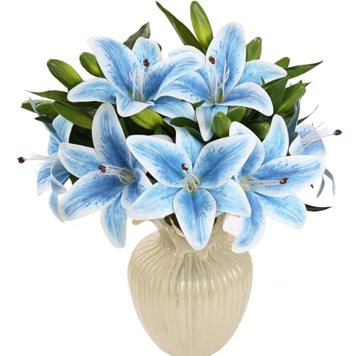 Kimura's Cabin 6Pcs Tiger Lily Artificial Flowers Real Touch Fake Lilies with Stems Faux Lilies Bouquet for Wedding Floral Arrangements Easter Home Table Centerpiece Office Decor(Light Blue) - color: Light Blue