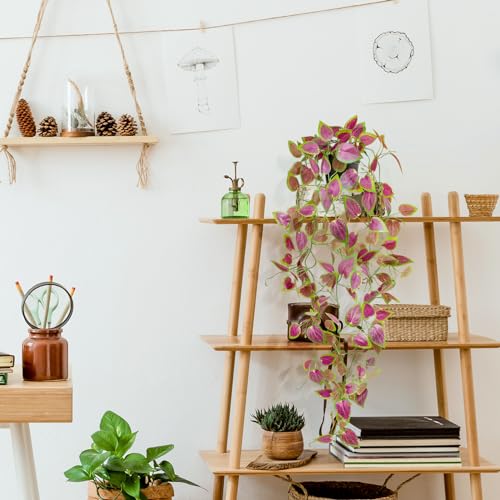 Artificial Hanging Potted Plants, Small Fake Purple Potted Plant Faux Ivy Vine Plant for Shelf Home Office Indoor Outdoor Garden Greenery Decor (Black Pot) - color: Perilla