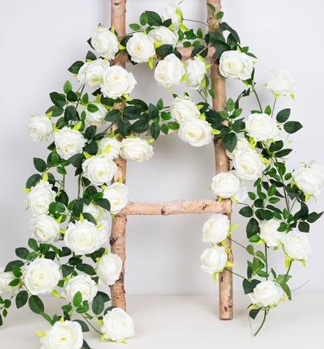 2Pcs 12Ft Bendable Artificial Flower Garland Faux Rose Vine Hanging Floral Garland for Wall Decor Trellis Fence Home Room Garden Wedding Decoration(White, 2pcs) - color: White, size: 2pcs