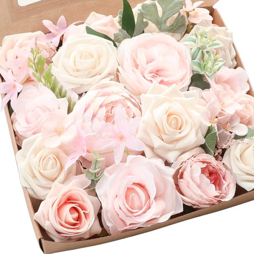 Floroom Cream Blush Artificial Flowers Fake Roses Peonies and Greenery Combo Box Set for DIY Pink Wedding Bouquets Bridal Shower Centerpieces Floral Arrangements Party Tables Home Decorations - color: Creamy Pink