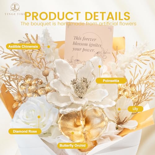 TINGE TIME Preserved Flowers Bouquet, Platinum Faux Rose Bouquets, Eternal Roses Bouquet for Wedding, Table Centerpieces, Mothers Day, Birthday Gifts, Anniversary, Graduation(White & Gold) - color: Platinum