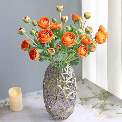 5PCS Artificial Ranunculus Flowers with Silk Flower Real Touch Stem Spray for Home Garden Office Decoration Wedding DIY Arrangements (Orange) - color: Orange