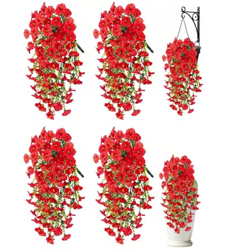 Artificial Hanging Flowers for Outdoors, 4 PCS UV Resistant Morning Glory Flowers with Eucalyptus Leaves, Silk Fake Flower Realistic Faux Plants for Home Patio Porch Garden Decor, Red - color: Red