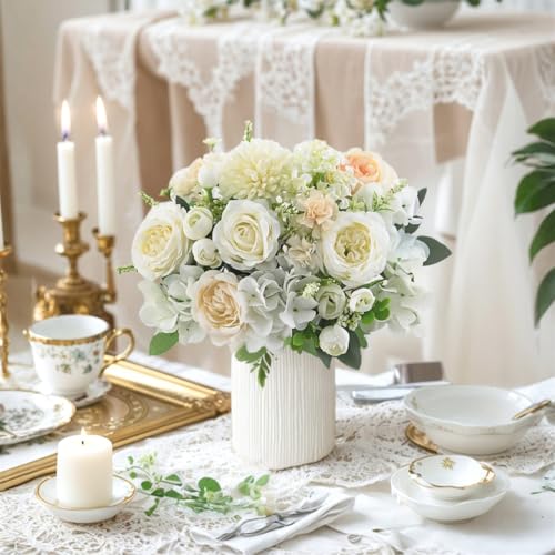4 Pcs Mixed Artificial Peony Flowers Set-2 Bouquets & 2 Stems, Small White Fake Peony Rose Hydrangea Flower for Vase Silk Floral Arrangements for Table Centerpiece Wedding Home Party Bridal Decoration - color: White, size: Mixed 4pcs