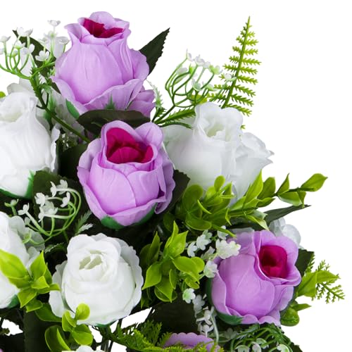 XONOR Artificial Cemetery Flowers for Grave Decorations, Artificial Memorial Roses Flowers Bouquet with Vase for Cemetery Headstones Decoration, 2 Sets (Pink&White) - color: Pink&white