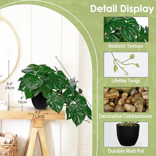 DILATATA Fake Plants Indoor 9 Inch Artificial Monstera Plant in Black Plastic Pot - Faux Potted Tropical Palm Plant for Home Aesthetic Decor Living Room Shelf Office - color: Monstera #Plastic#style 2