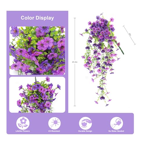 Artificial Hanging Flowers Plants for Outdoors, 2 PCS UV Resistant Faux Silk Daisy(132 Branches Per Bundle), Home Garden Balcony Yard Porch Decor(Double Purple) - color: Double Purple