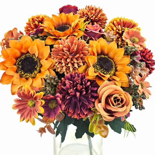3 Pcs Fall Flowers Artificial Mums Silk Chrysanthemum Rose Sunflowers Daisy Bouquet Fake Mums Faux Floral Arrangements Home Indoor Outdoor Planter Decor Party Wedding Table Autumn Decoration - color: Fall Colors - B