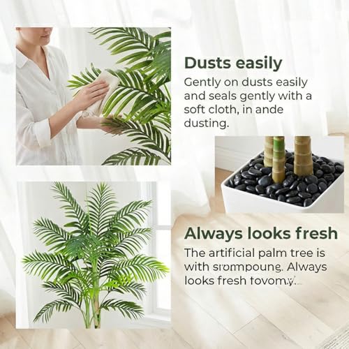 Artificial Golden Cane Palm Tree 7FT, Fake Palm Tree with Three Realistic Trunks and Lifelike Palm Leaves, Faux Palm Plant for Indoor Home Décor with White Planter - color: White, size: 7FT