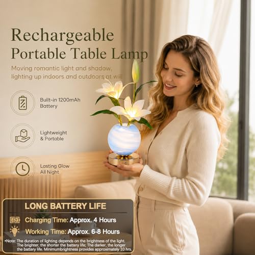 Lily Table Lamp, 3 Color Planet Night Light, Rechargeable Cordless Touch Dimming Artificial Flower Light, LED Flower Bedside Lamp Romantic Gifts for Girl Women Mom (White Lily) - color: White Lily