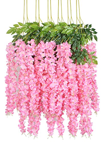 Duovlo 12 Piece Artificial Silk Wisteria Vine 3.6 Feet Ratta Hanging Flower Garland String Home Party Wedding Decor (Dark Pink) - color: Dark Pink