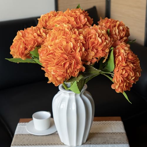 DUYONE 22" Real Soft Touch Hydrangea Artificial Flowers Realistic,Large Long Stem Fake Flowers Full Latex Faux,Wedding Bouquet,Party Home Decor,Garden Office Room Table Centerpieces Orange 3Pcs - color: Orange, size: 3Pcs