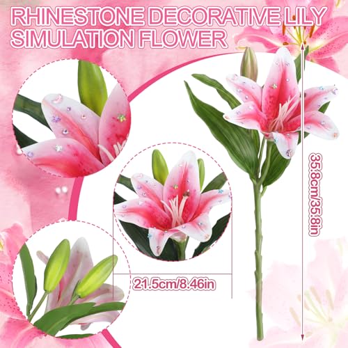 12 Bundles Pink Lily Artificial Flower with 12 Head Full Bloom Lily & 24 Bud Rhinestone Fake Permanent Flower Wedding Party Decor Home Hotel Bouquet Centerpiece Floral Arrangement - color: Pink, style: Rhinestone Lily