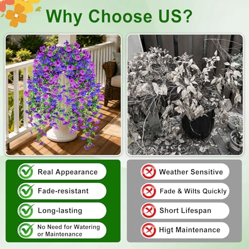 Artificial Hanging Flowers for Outdoors Decorations 2 Pack, Fake Hanging Flowers, UV Resistant Artificial Hanging Plants Outdoors for Home Porch Patio Balcony Baskets Yard(Double Purple) - color: Double Purple