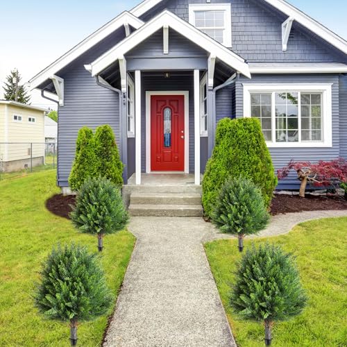 Canlierr 4 Pcs 21 Inch Artificial Cedar Topiary Ball Trees with Ground Spike, Cypress Plants UV Resistant Shrubs Fake Bushes for Outdoor Indoor Front Porch Garden Decor