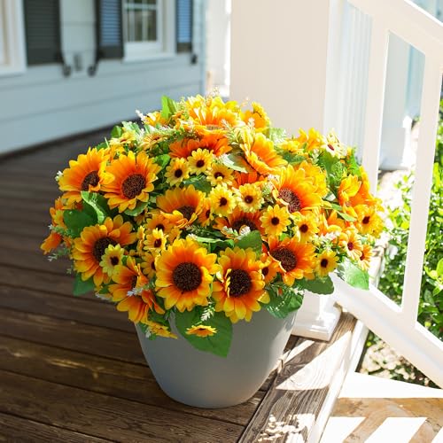 Sunflowers Artificial Flowers, 10 Bunches Fake Sunflower Artificial Flowers for Outdoors Spring Summer Decoration Look Real UV Resistant Fake Flowers for Home Porch Garden Wedding Party Office Indoor - color: Sunflowers