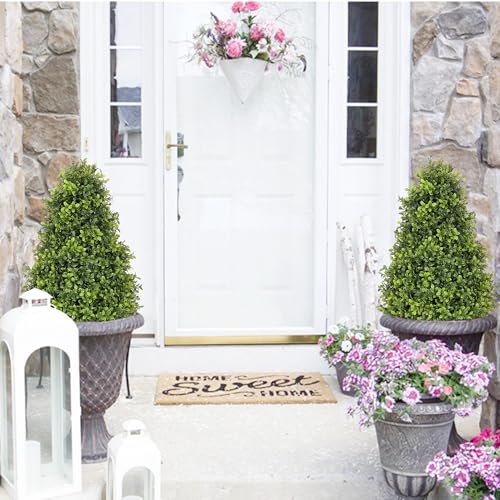 30" Artificial Boxwood Faux Plants Outdoor, UV Resistant Topiary Trees Realistic Cone-Shaped Fake Bushes and Shrubs Potted Fakeplants Set of 2 for Front Porch Patio Outside Planter Decor - color: Boxwood Light Green, size: 30in
