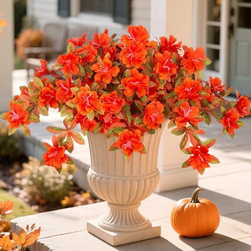 Fall Flowers Artificial for Decoration, Fake Silk Rhododendron Flowers for Outdoors, 2 Bundles Faux Azalea Outside UV Resistant No Fade Floral for Home Garden Balcony Walkway Wedding Party Decor - color: Y-orange