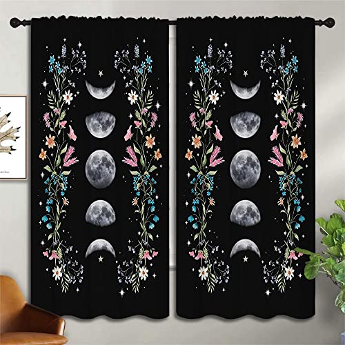 Boho Floral Wildflower Rod Pocket Blackout Curtains for Boy Girl Bedroom,Moon Phase Moonlit Garden Witchy Gothic Aesthetic Energy Efficient Home Window Drapes for Living Room Noise Reducing,55x63in - color: Boho Floral Wildflower-002, size: 55"W x 63"L (P