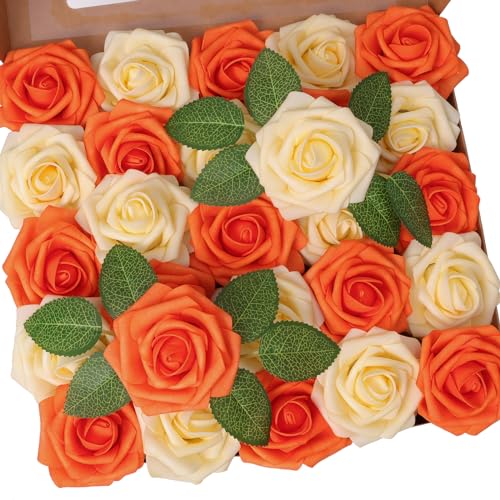 50pcs Artificial Flower，Real Touch Foam Roses w/Stem DIY for Wedding Bouquet Centerpieces Party Shower Home Decor-Yellow Orange - color: Yellow Orange