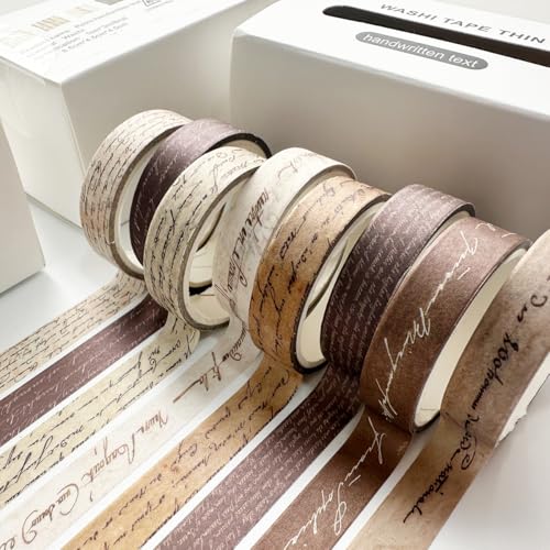 Vintage Washi Tape Set 8 Rolls Thin Retro Decorative Antique Patterns Masking Tapes for Arts, DIY Crafts, Journals, Planners, Scrapbook, Wrapping (Handwritten Text) - color: Handwritten Text