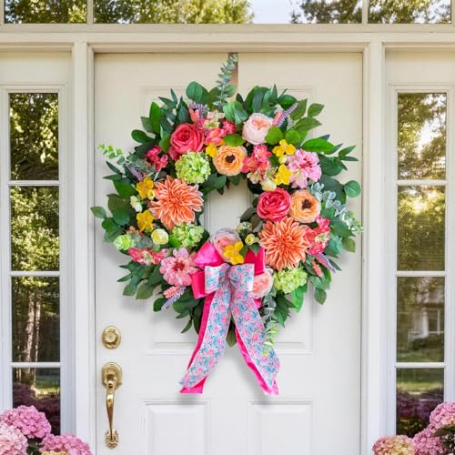 Spring Wreaths for Front Door 24 Inch Outdoor Spring Wreath with Pink Bow– Handmade Peach Dahlia & Garden Rose Summer Wreaths for Front Door,Farmhouse Home,Porch,Wall,Window Decor - color: Dahlia