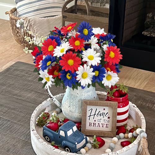 4 Bunches Memorial Day Flowers for Cemetery 15" Red White and Blue Artificial Flowers Faux Daisies Silk Flowers for 4th of July Table Decorations Indoor Outdoor