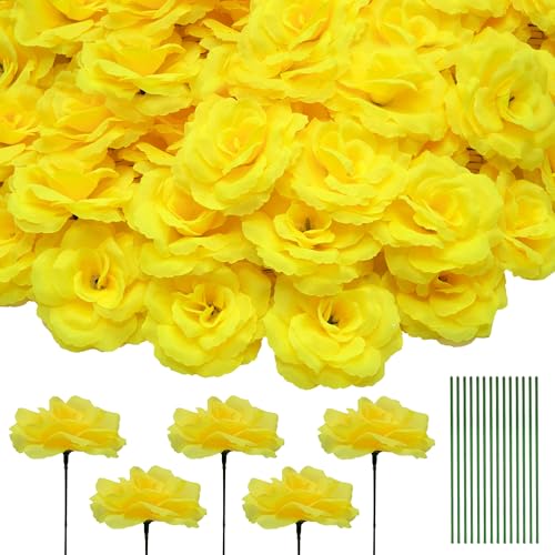 50 Pcs Rose Flower Head, Artificial Flowers Bulk for DIY Crafts, 3in Fake Rose Silk Flower Head wit Stem, Faux Flowers for Decoration, Wedding Home Party Decor Garland Decor (50, Yellow) - color: Yellow