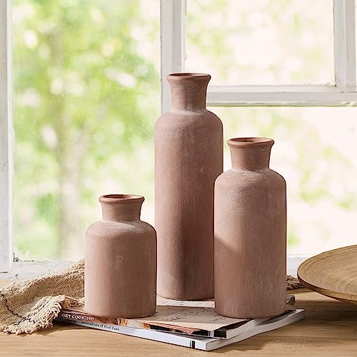 LUKA Ceramic Rustic Farmhouse Vase,Terracotta Vases for Decor,Vase Set of 3,Vases for Your Bedroom,Office,Living Room,Fireplace,Bookshelf Decor,Housewarming 10+7.5+5 Inch - color: Terracotta