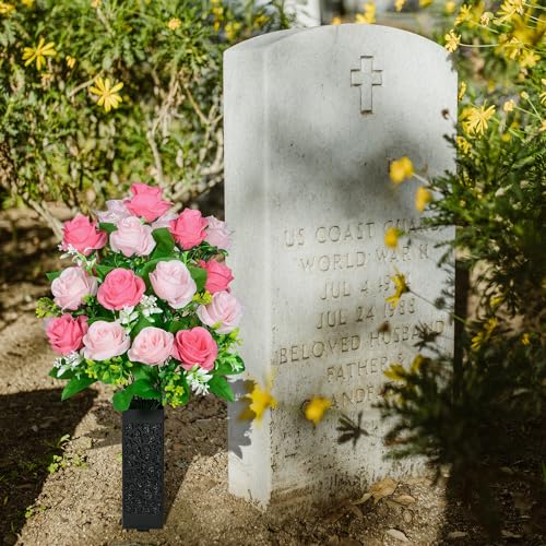 Artificial Cemetery Flowers, Set of 2 Grave Memorial Flowers with Vase, Artificial Rose Bouquet for Cemetery Headstones Gravesites Decoration (Pink) - color: Pink
