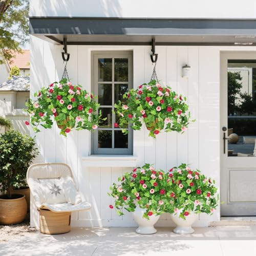 Krissing 2 Pack Artificial Hanging Flowers with Baskets for Outdoors UV Resistant Faux Ivy Plants Greenery Fake Silk Daisy Flowers for Outdside Porch Balcony Summer Home Decor (Rose Red, Pink) - color: Hot Pink+pink, size: 6pcs with 2 baskets