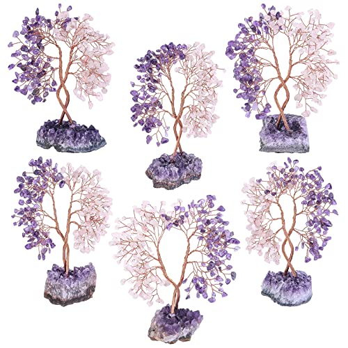 Healing Double Trunks Crystal Tree with Natural Amethyst Base, Feng Shui Money Bonsai with Positive Energy Wedding Home Decor for Wealth and Luck, Amethyst & Rose Quartz - color: Purple&pink