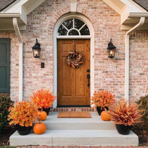 20 Bundles Artificial Fall Flowers for Outdoor Decoration, Fake Mums Faux Plastic Flowers Plants UV Resistant Boston Fern for Planters Window Box Porch Garden Patio Autumn Home Decor - color: Orange Red