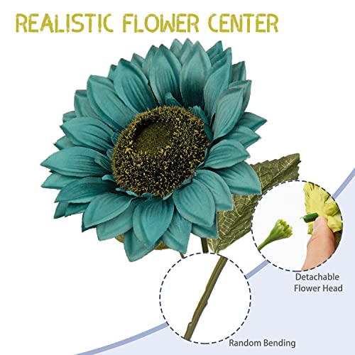 Hollyone Large Silk Sunflowers Artificial Flowers 26" Long Stem Artificial Sunflower 6PCS Faux Vintage Fall Sunflowers Bouquet Bulk for Home Wedding Birthday Party Centerpieces Decorations - color: Peacock Blue