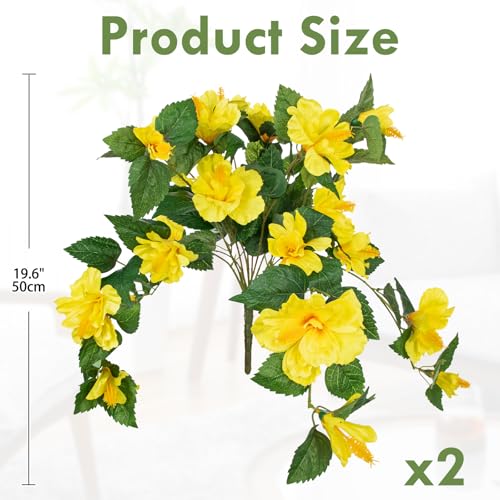 Briful 2PCS Artificial Hibiscus Flowers, 19.6in Tropical Faux Hibiscus Stems with Cascading Branches, Yellow Hibiscus Bouquet for Vase, Hanging Basket, Porch, Wedding, Party, Indoor Outdoor Decor - color: Yellow#941