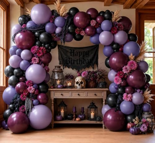 Purple and Black Balloon Arch Kit, 102PCS Double Stuffed Burgundy Dusty Purple Lavender Balloon Garland for Gothic Birthday Wedding Bridal Shower Graduation Halloween Party Decorations - color: Purple Black