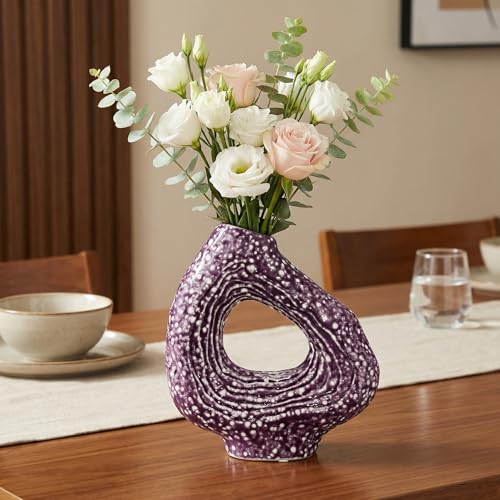 Sunddo Ceramic Flower Vase, 9 Inch Purple Modern Vases for Home Decor, Unique Donut Vase for Living Room, Centerpiece Table, Kitchen, Fireplace, Bookshelf, Shelf Decor - color: Purple, size: 9 inch