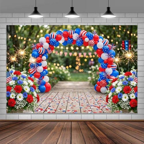 4th of July Independence Day Backdrop, Patriotic Red White and Blue Balloon Arch Flowers Photography Background, Memorial Day Party Photo Veterans Day Patriot Decorative Banner Booth Studio 5X3FT - color: Blue and Red, size: 5X3FT