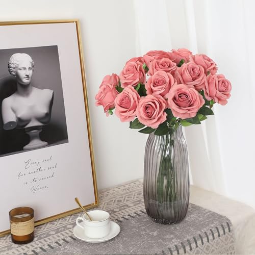 Pink Fake Roses Artificial Flowers - 10 Pcs Fake Artificial Roses Silk Flowers with Stems for Home Wedding Hotel Office Centerpiece Decor（Dusty Pink） - color: Dusty Pink, size: 10 Pcs