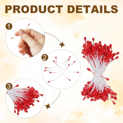 PATIKIL 3mm Double Heads Flower Stamen, 150 Pcs Artificial Flower Stamen Pistil Matt Pearl Floral Stamen for DIY Christmas Card Wedding Decoration, Bright Red - color: Bright Red