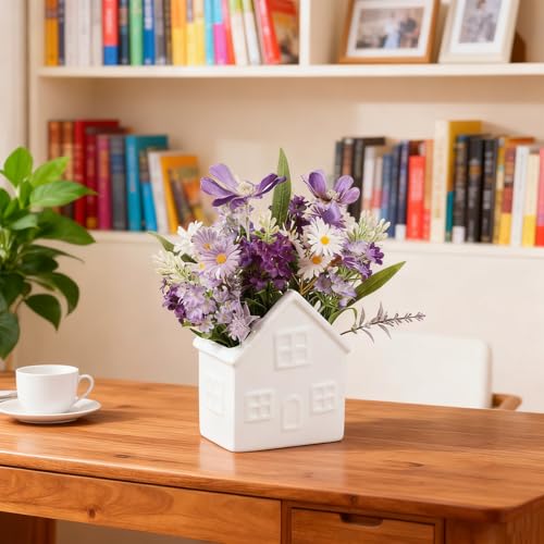 Small Fake Flowers Plants, Mini Artificial Lavender Flowers Purple Daisy in Ceramic Pot, Faux Potted Plants for Centerpiece Table Decorations Home Office Bathroom Tabletop Spring Decor