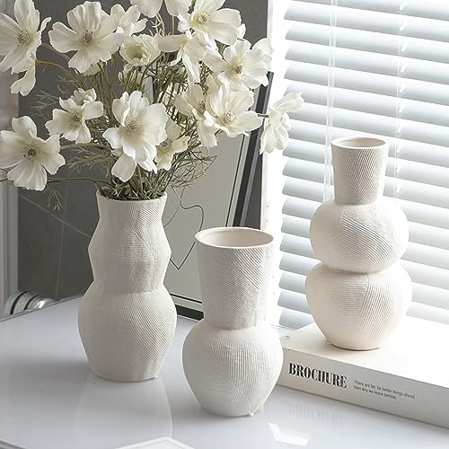 Ceramic Vases for Flowers, Matte White Ribbed Vase Set of 3, Decorative Vases for Pampas Grass, Modern Farmhouse Home Decor, Pottery for Centerpieces, Boho Vases - color: Ribbed Vase